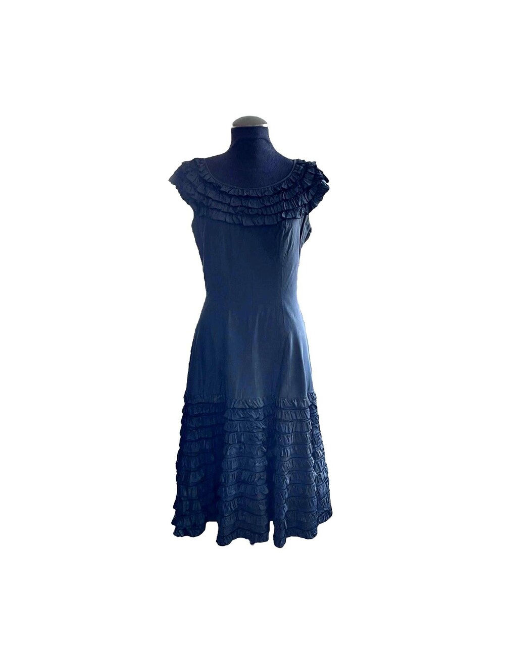 Vintage 1950s Black Taffeta Dress: Ruffled Neckline, Full Swing Skirt
